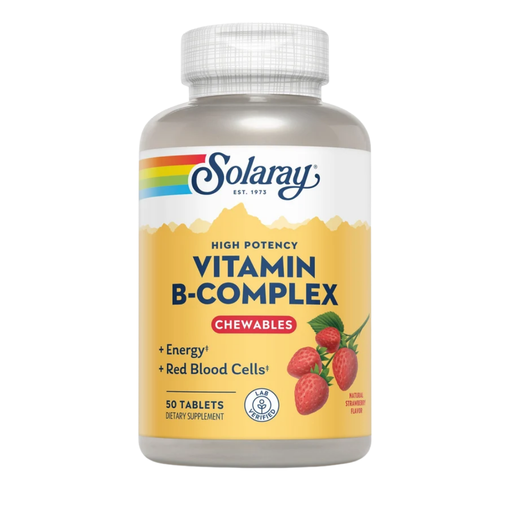 Solaray B-Complex Chewable Strawberry Flavor 50 Wafers supplement bottle on a white background.