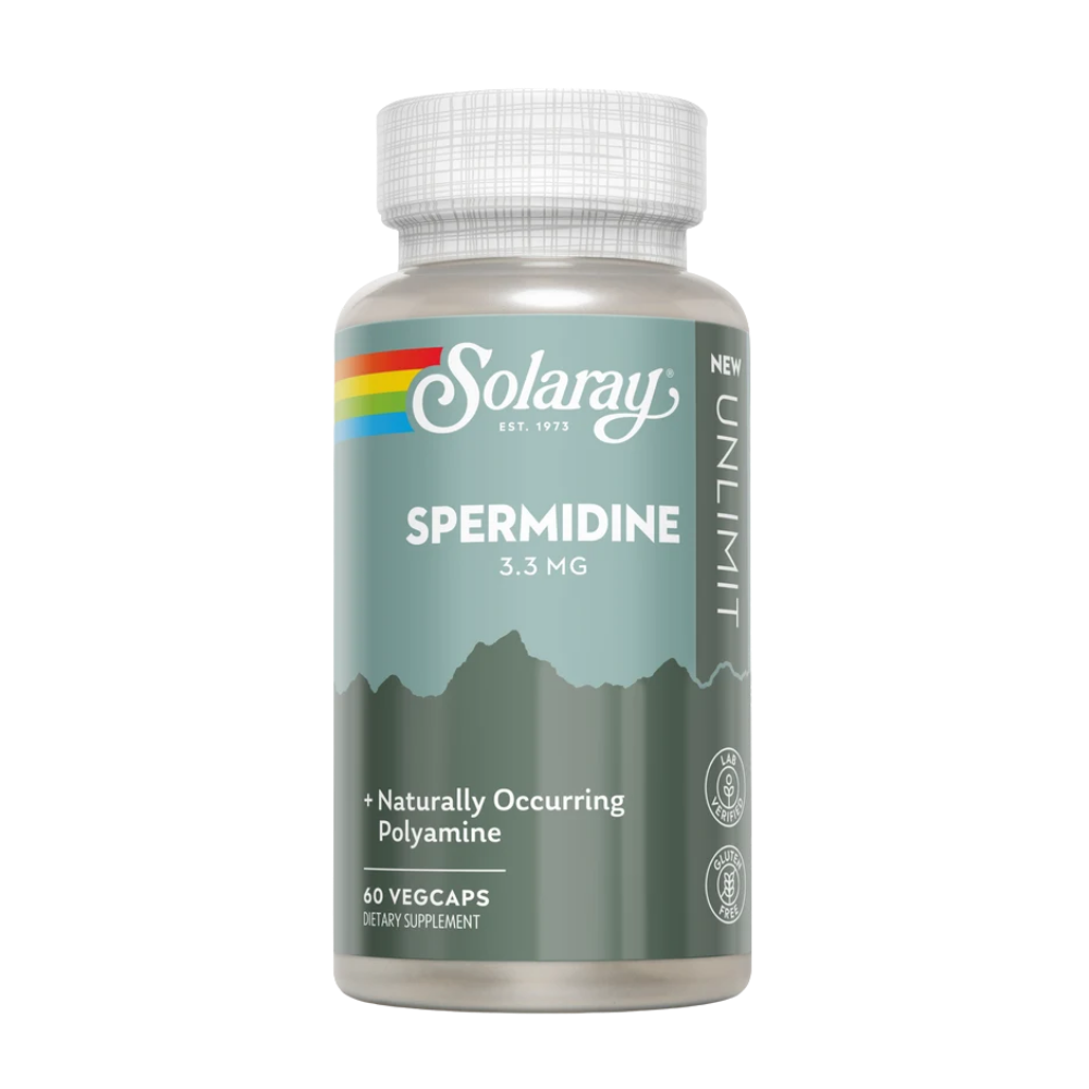 Solaray Spermidine 3.3 MG dietary supplement bottle with a white cap and a teal and gray label, shown on a plain white background.