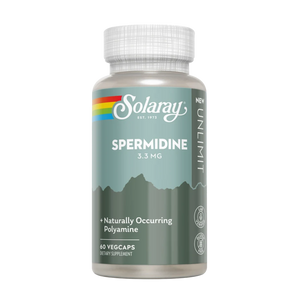 Solaray Spermidine 3.3 MG dietary supplement bottle with a white cap and a teal and gray label, shown on a plain white background.