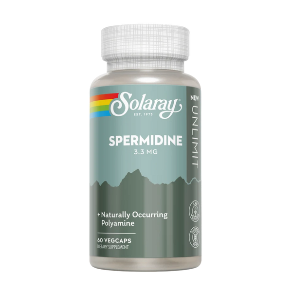 Solaray Spermidine 3.3 MG dietary supplement bottle with a white cap and a teal and gray label, shown on a plain white background.