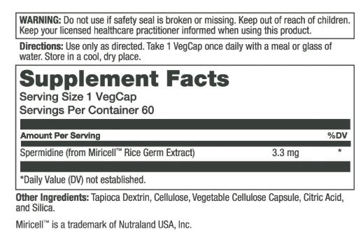 Solaray Spermidine 3.3 MG dietary supplement bottle with a white cap and a teal and gray label, shown on a plain white background.