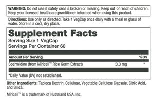 A close-up of a supplement facts label for VegCap, showing serving size, servings per container, and the amount of spermidine (from Mircell' Rice Germ Extract) 3.3 mg.