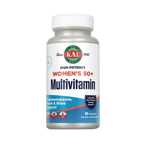 A white bottle of KAL Women's 50+ Multivitamin dietary supplement on a solid white background.