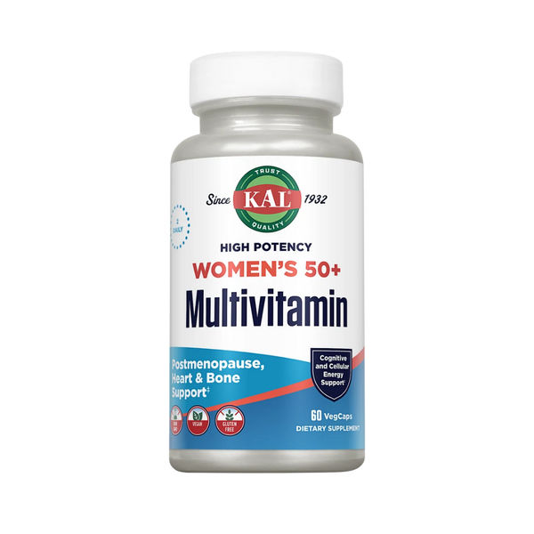 A white bottle of KAL Women's 50+ Multivitamin dietary supplement on a solid white background.