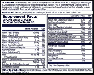 A supplement facts label for VegCaps showing a white background with black text and a blue header. The label lists ingredients, serving size 2 VegCaps, 30 servings per container, and lists vitamins, minerals, and other ingredients with amounts and daily value percentages.