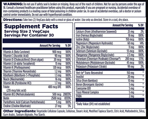 A supplement facts label for VegCaps showing a white background with black text and a blue header. The label lists ingredients, serving size 2 VegCaps, 30 servings per container, and lists vitamins, minerals, and other ingredients with amounts and daily value percentages.