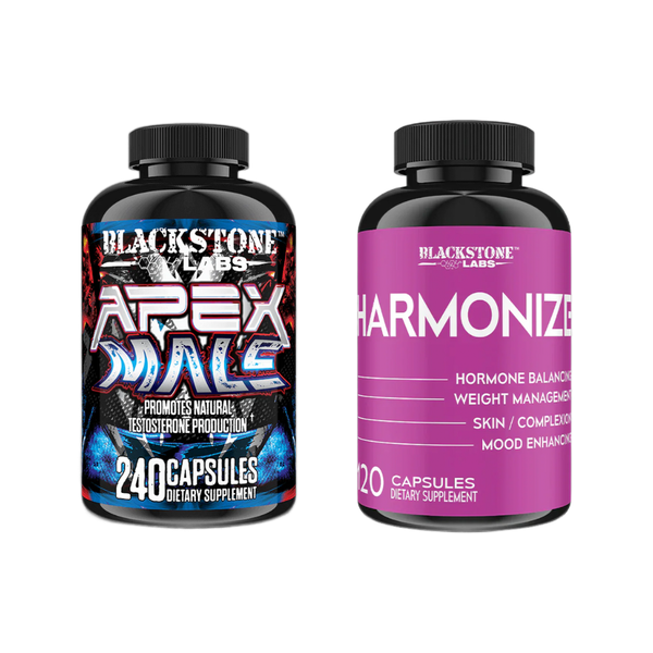 Two supplement bottles from Blackstone Labs on a white background. The supplements include Apex Male and Harmonize. 