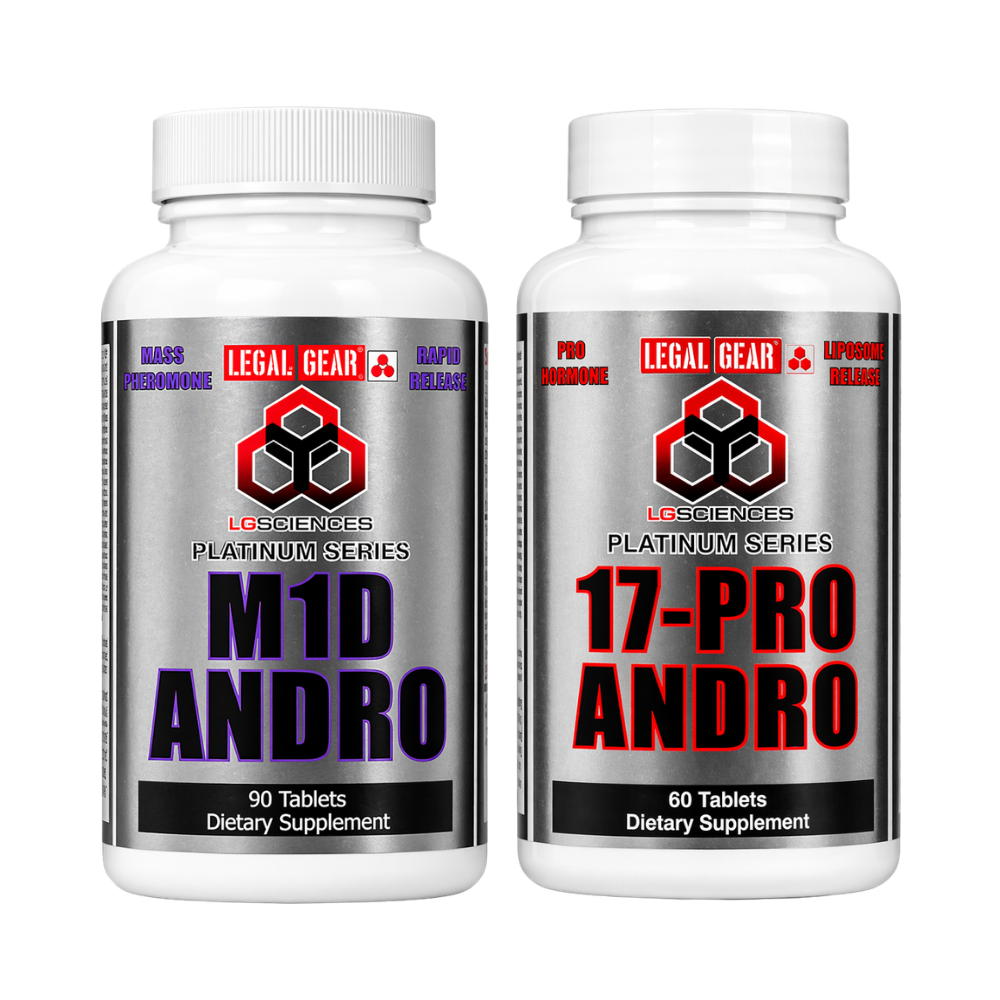Two bottles of Legal Gear 17-Pro Andro and M1D Andro supplements on a white background 
