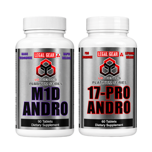Two bottles of Legal Gear 17-Pro Andro and M1D Andro supplements on a white background 