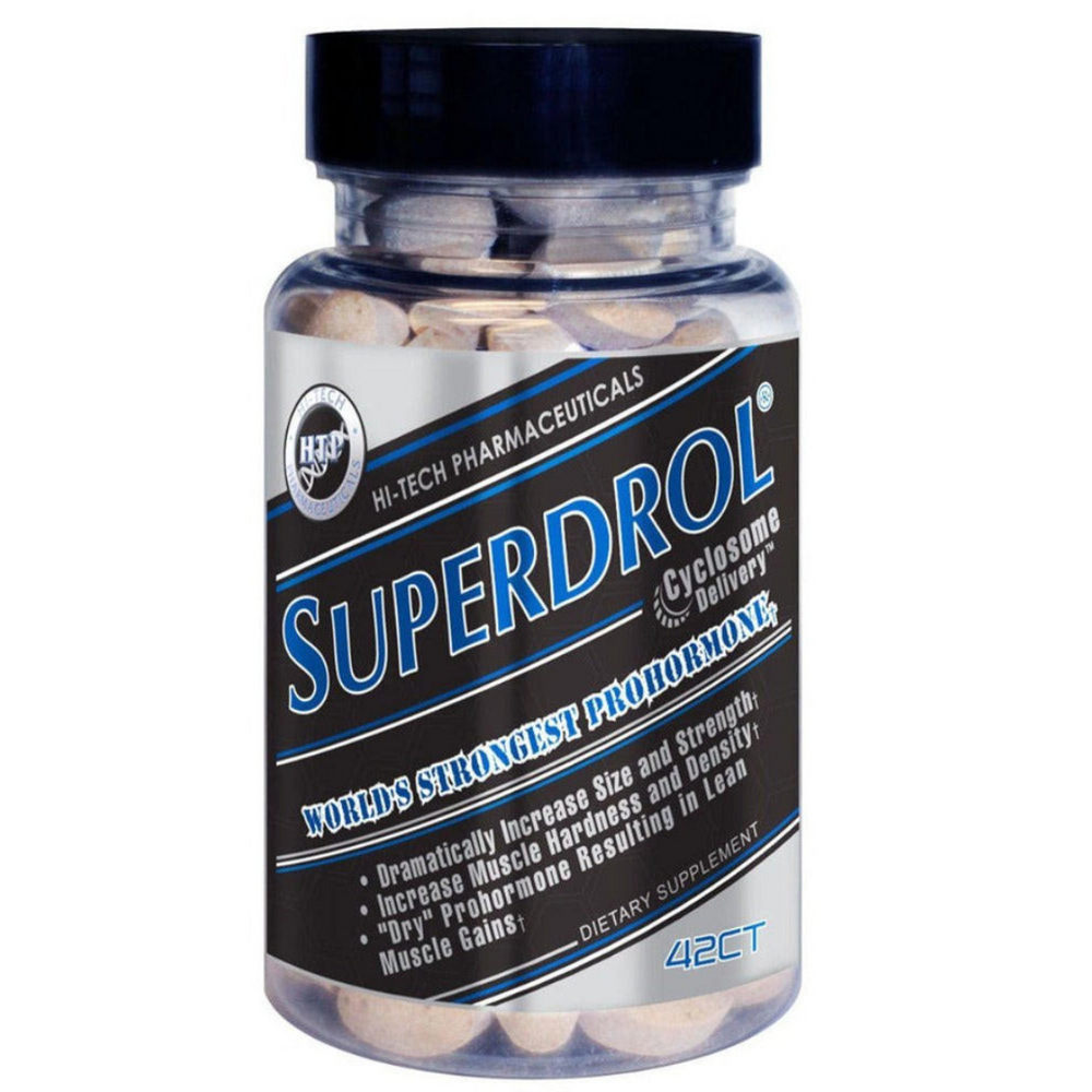 Supplement bottle labeled 'Superdrol' by Hi-Tech Pharmaceuticals on a white background
