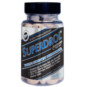 Supplement bottle labeled 'Superdrol' by Hi-Tech Pharmaceuticals on a white background