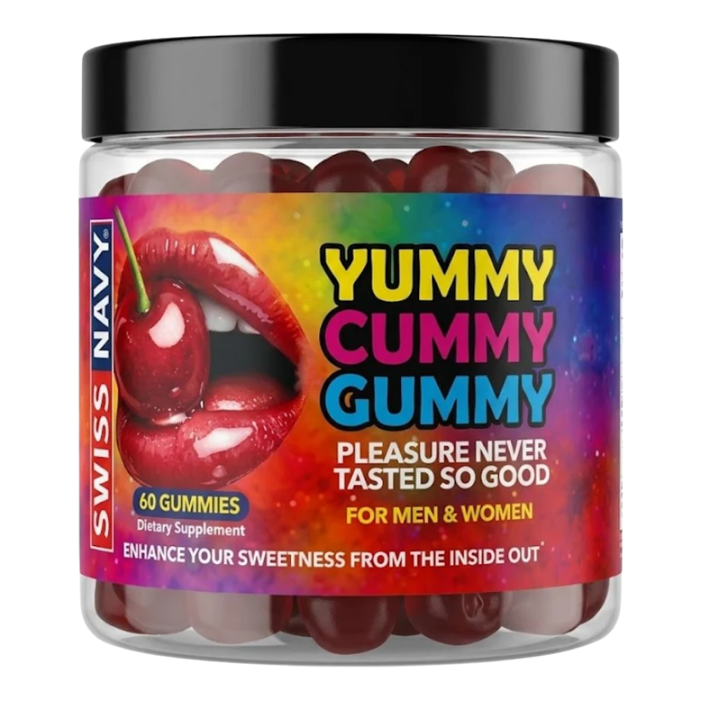 Jar of Swiss Navy Yummy Cummy Gummy dietary supplements with colorful label.
