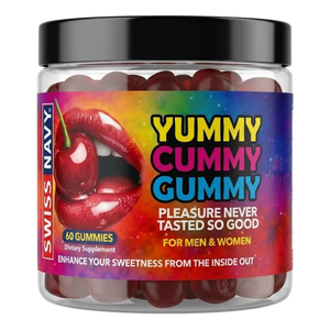 Jar of Swiss Navy Yummy Cummy Gummy dietary supplements with colorful label.