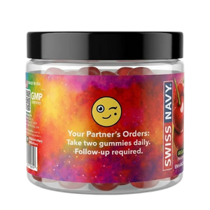 Jar of gummies with colorful label and Swiss Navy branding