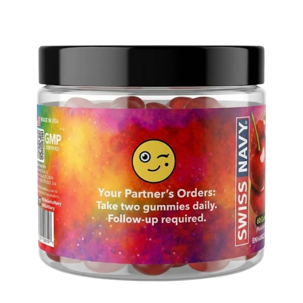 Jar of gummies with colorful label and Swiss Navy branding
