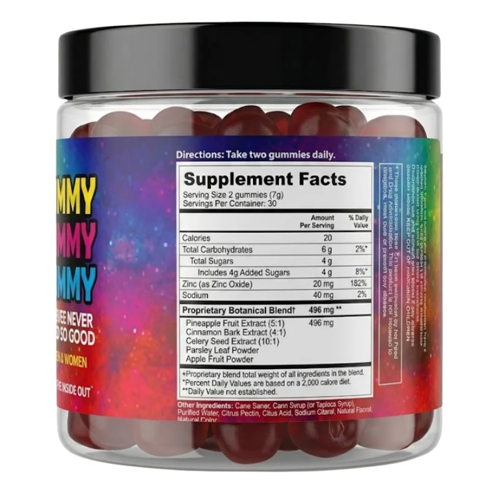 Jar of Swiss Navy Yummy Cummy Gummy dietary supplements with colorful label.