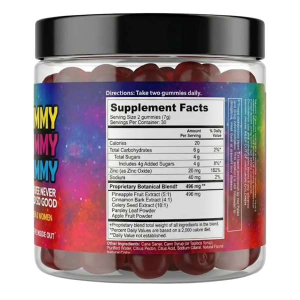 Jar of gummy supplements with colorful label and visible supplement facts.