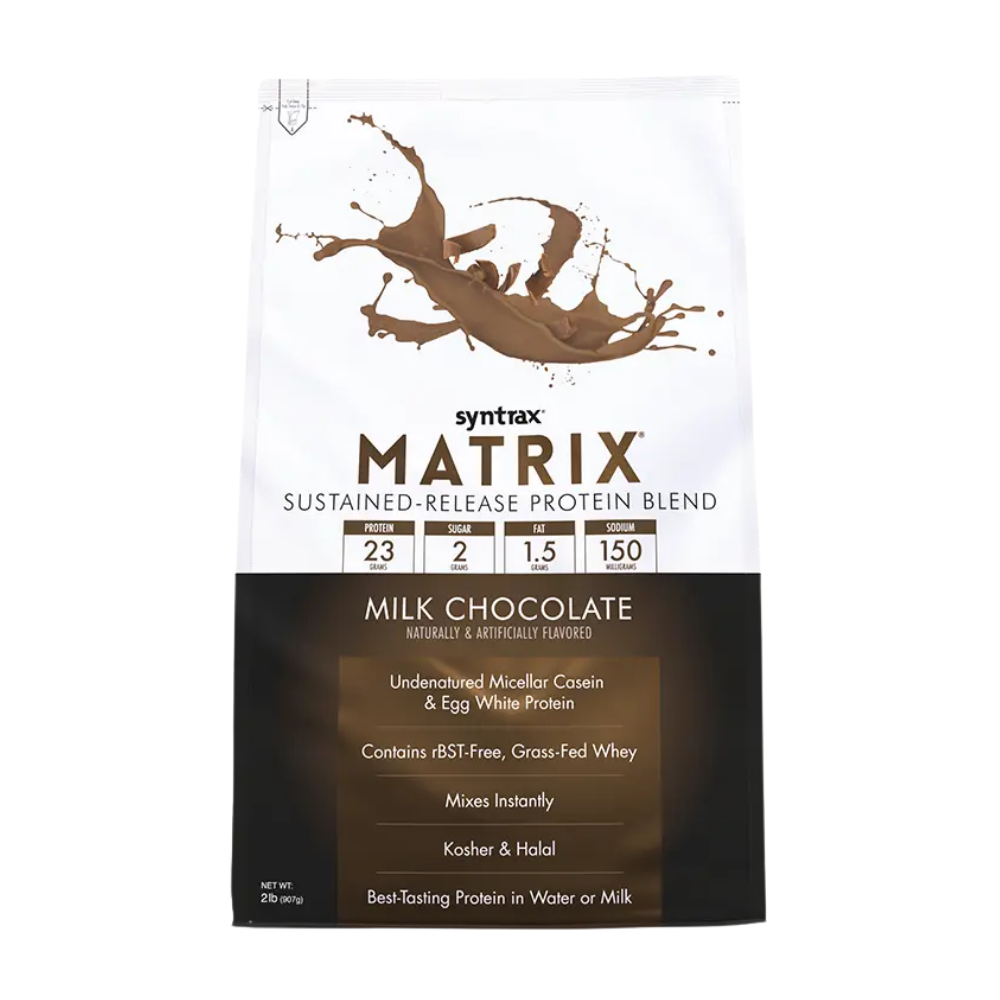 Syntax Matrix protein blend package with chocolate flavor on a white background
