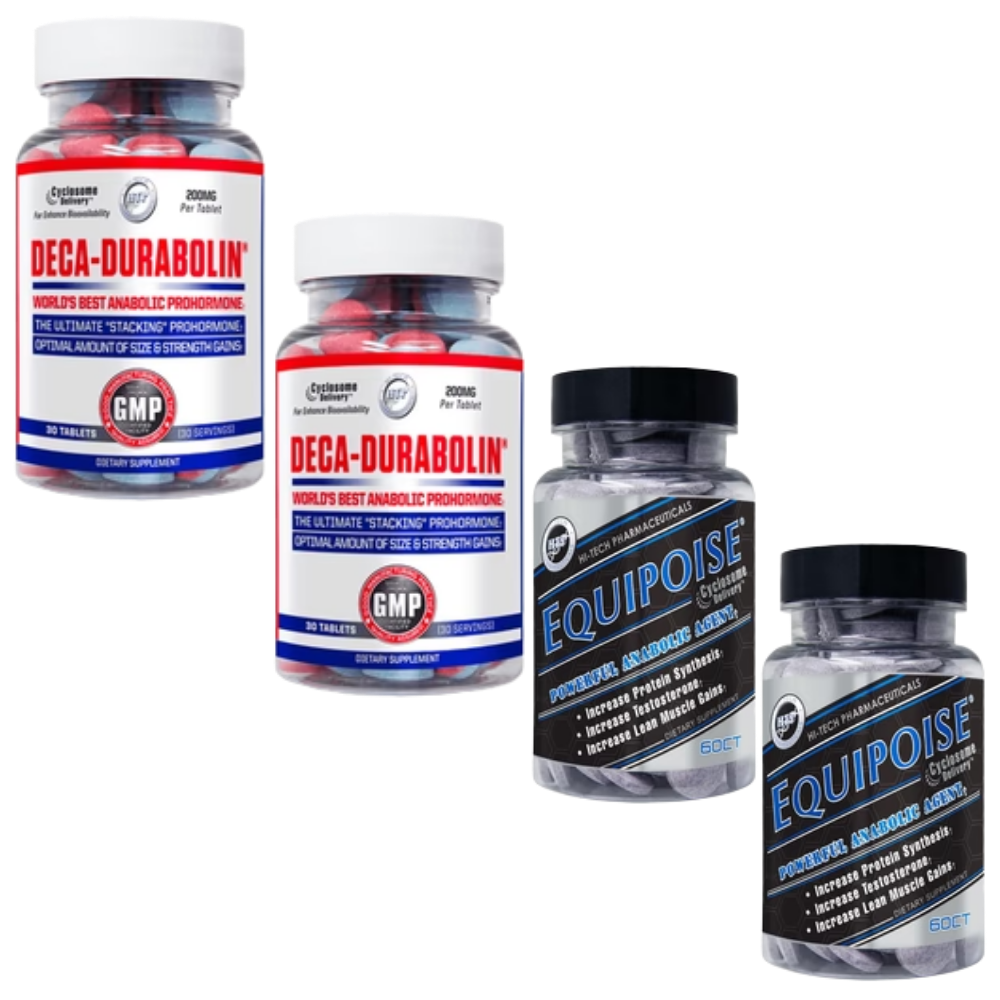 Two bottles of Deca-Durabolin and two bottles of Equipoise on a white background