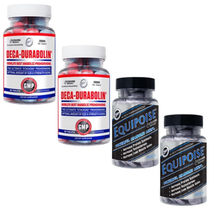 Two bottles of Deca-Durabolin and two bottles of Equipoise on a white background