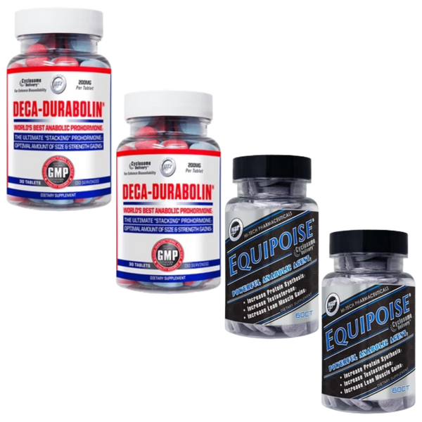 Two bottles of Deca-Durabolin and two bottles of Equipoise on a white background