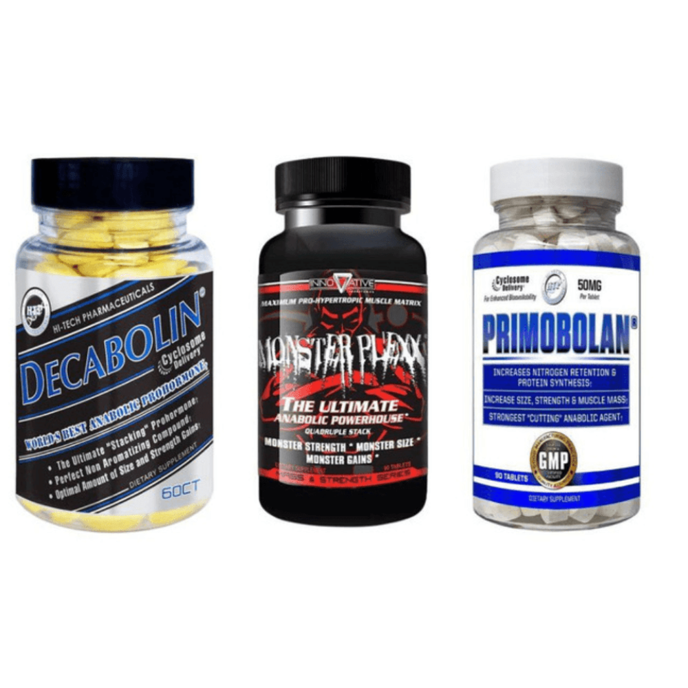 Three supplement bottles labeled 'Decabolin', 'Monster Phexx', and 'Primobolan' on a white background.