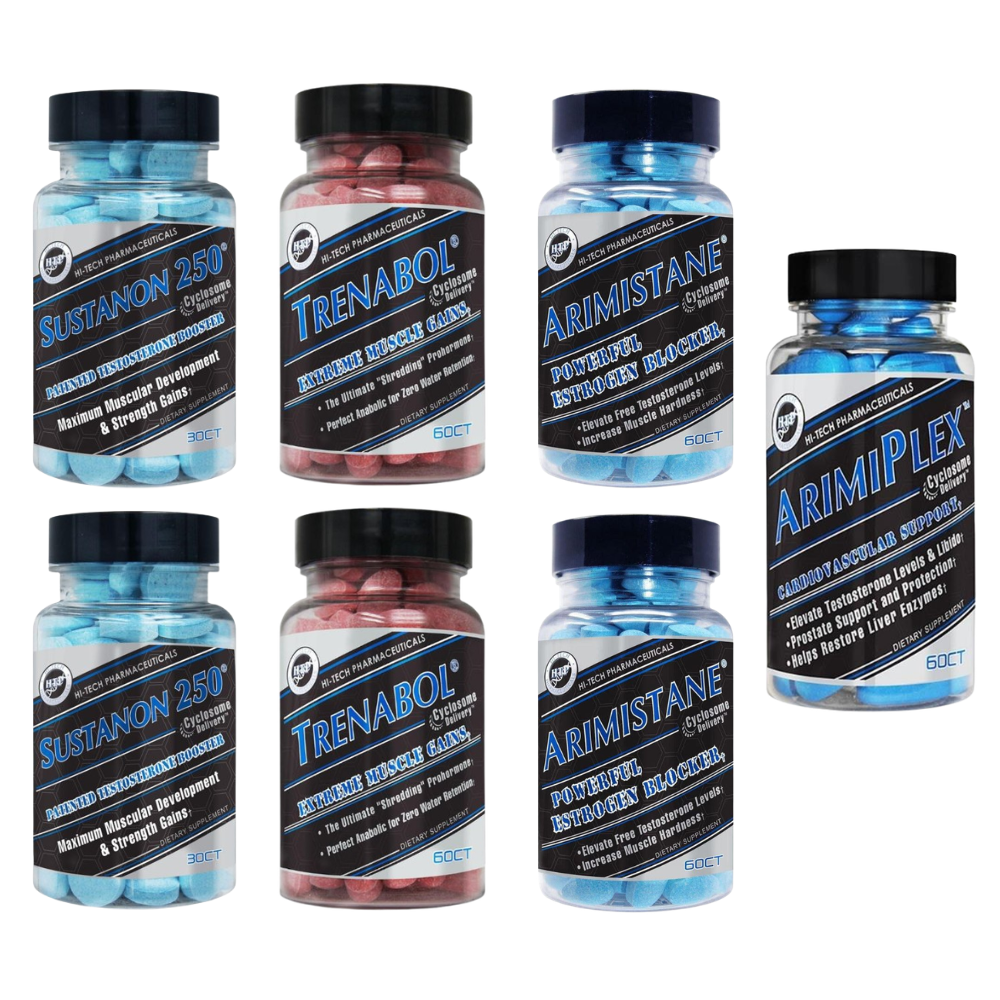 Collection of Hi-Tech supplement bottles with labels on a white background. These supplement bottles include two Sustanon 250, 2 Trenabol, 2 Arimistane, and 1 Arimiplex.