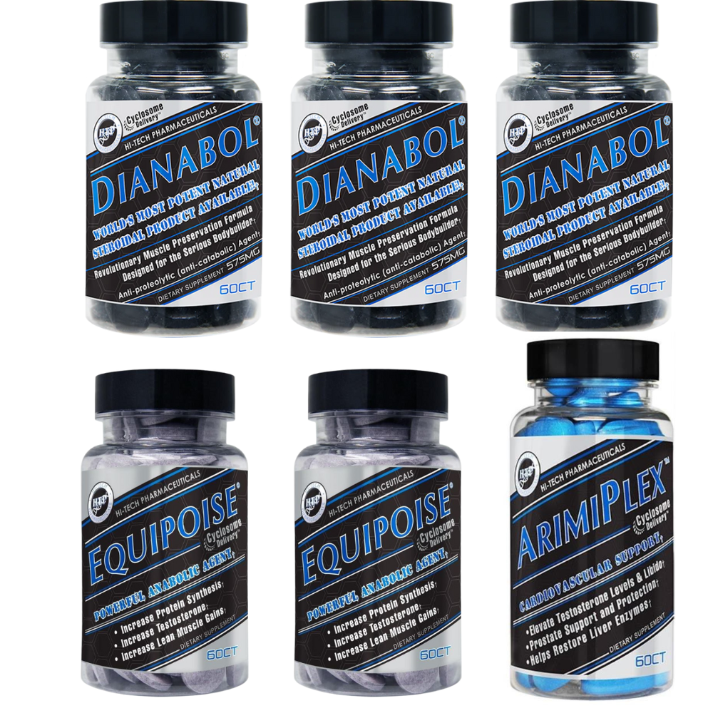 3 bottles of Hi-Tech Dianabol, 2 bottles of Hi-Tech Equipoise, and 1 bottle of Hi-Tech Arimiplex on a white background