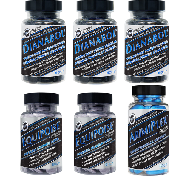 3 bottles of Hi-Tech Dianabol, 2 bottles of Hi-Tech Equipoise, and 1 bottle of Hi-Tech Arimiplex on a white background