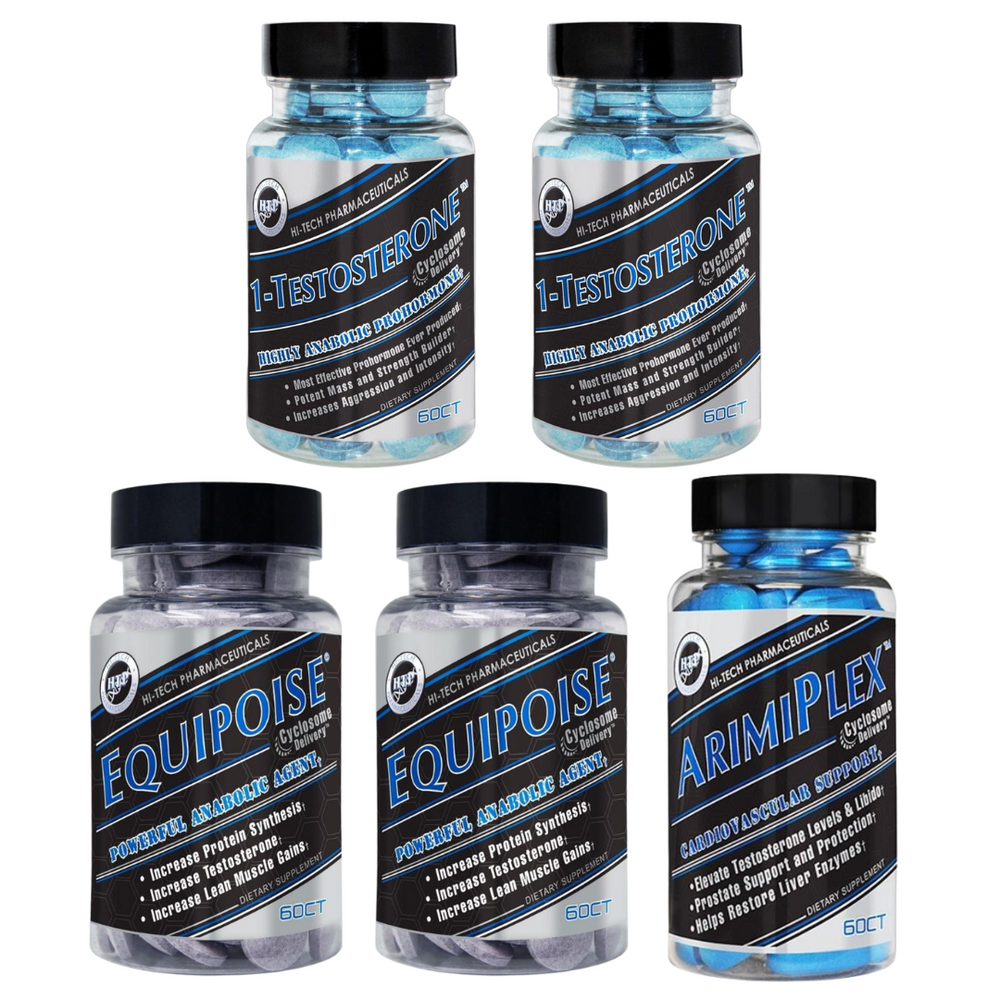 2 bottles of Hi-Tech 1-testosterone, 2 bottles of Hi-Tech Equipoise, and 1 bottle of Hi-Tech Arimiplex on a white background.