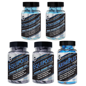 2 bottles of Hi-Tech 1-testosterone, 2 bottles of Hi-Tech Equipoise, and 1 bottle of Hi-Tech Arimiplex on a white background.