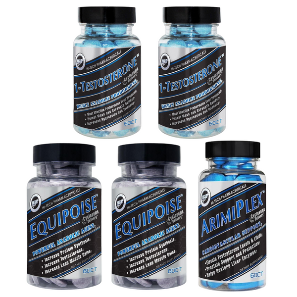 2 bottles of Hi-Tech 1-testosterone, 2 bottles of Hi-Tech Equipoise, and 1 bottle of Hi-Tech Arimiplex on a white background.
