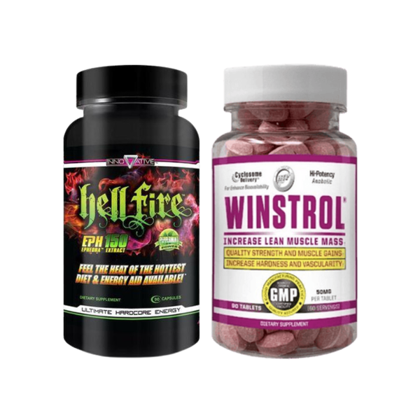 Two supplement bottles labeled 'Hell Fire' and 'Winstrol' on a white background
