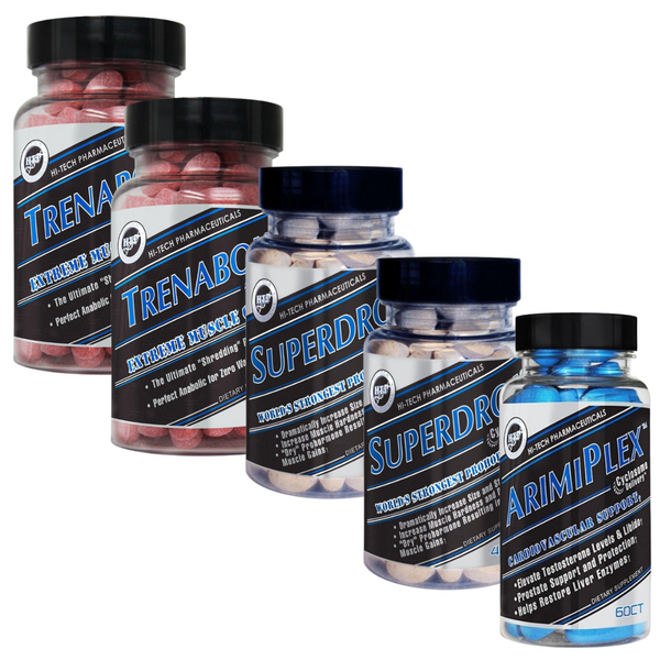 Collection of supplement bottles from Hi-Tech Pharmaceuticals on a white background. These bottles include 2 Trenabol, 2 Superdrol, and 1 Arimiplex.