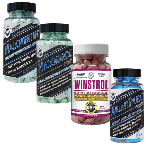 The Ultimate Lean Mass Stack containing a bottle of HiTech Halotestin, Halodrol, Winstrol, and Arimiplex