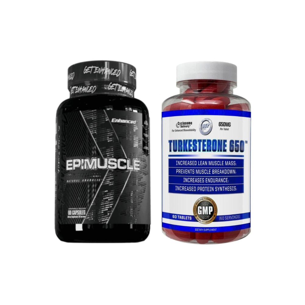 Two supplement bottles, one labeled 'Epimuscle' and the other 'Turkesterone 650', on a white background.