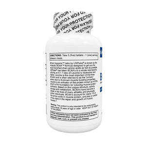 The back of a white plastic supplement bottle, showing the 'Directions' label, BCAA Supreme product information, and a sealed cap with printed text.