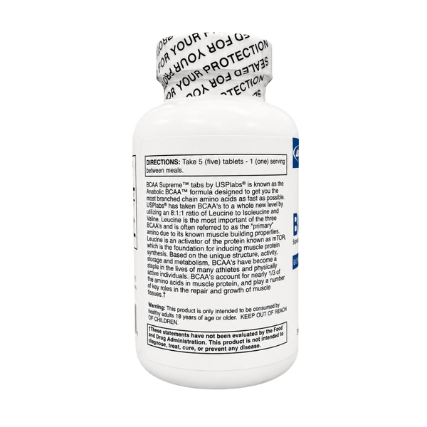 The back of a white plastic supplement bottle, showing the 'Directions' label, BCAA Supreme product information, and a sealed cap with printed text.