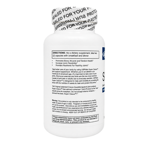 A white bottle of UPharma Super Class+ dietary supplement capsules, showing the back label with directions, warnings, and a blue brand logo on a white background.