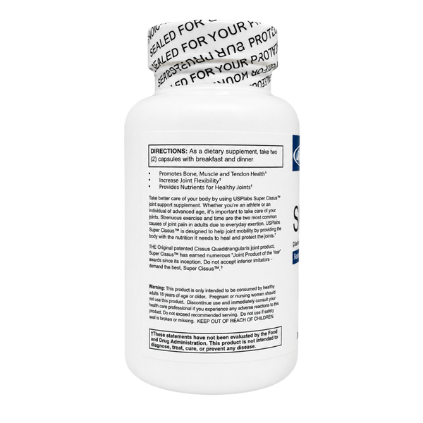 A white bottle of UPharma Super Class+ dietary supplement capsules, showing the back label with directions, warnings, and a blue brand logo on a white background.