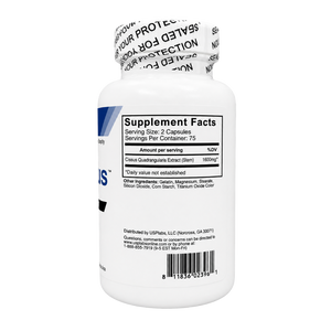 White plastic supplement bottle showing the back label with 'Supplement Facts', a barcode, and partial blue branding on a white background.