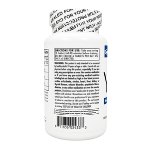 White plastic bottle of dietary supplements with a white cap, showing the back label with directions, warnings, and a barcode on a white background.
