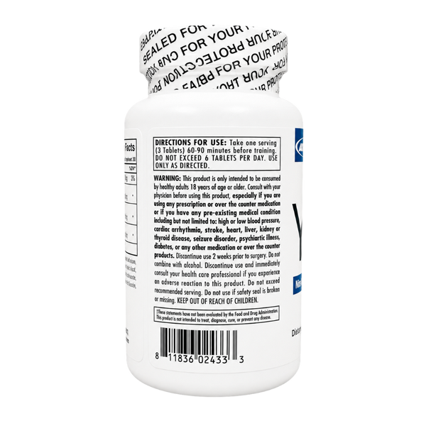 White plastic bottle of dietary supplements with a white cap, showing the back label with directions, warnings, and a barcode on a white background.