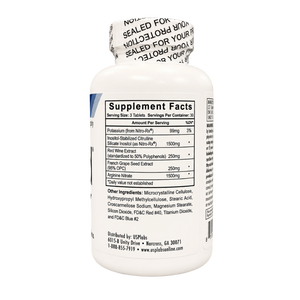 A white plastic bottle of dietary supplements shown from the back, displaying the Supplement Facts label. The label lists ingredients such as Potassium Bromo-Nitro, Inositol, and Red Wire Extract.