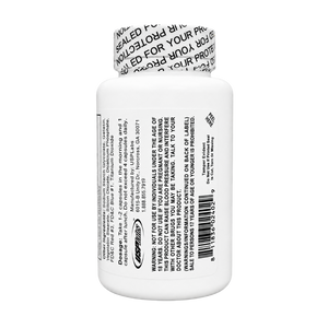 White plastic supplement bottle showing the back label with dosage, manufacturer information, and a sealed protective cap with printed text, photographed on a white background.