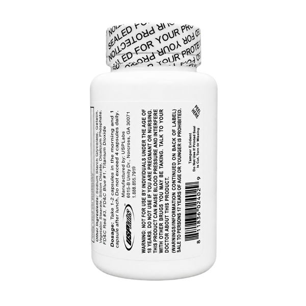 White plastic supplement bottle showing the back label with dosage, manufacturer information, and a sealed protective cap with printed text, photographed on a white background.