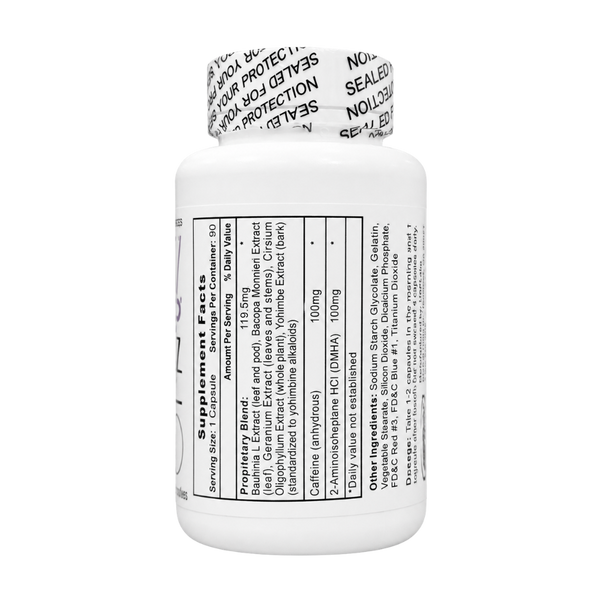A white plastic bottle of dietary supplements with a white and black sealable cap, showing the Supplement Facts label on a plain white background.