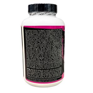 A white plastic bottle of Pink Magic dietary supplement with a black cap, showing the back label with pink and black design and dense text.