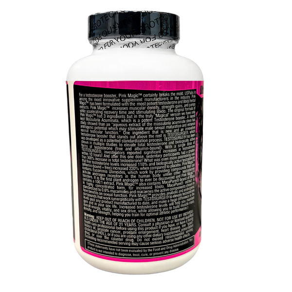 A white plastic bottle of Pink Magic dietary supplement with a black cap, showing the back label with pink and black design and dense text.