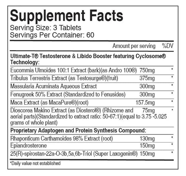 A black and white Supplement Facts label for Ultimate-Tō Testosterone & Libido Booster, detailing serving size, servings per container, and ingredients with dosages.
